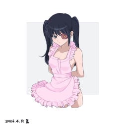 apron black_hair blush embarrassed eye_patch female female_only gintama long_hair looking_at_viewer looking_away medium_breasts naked_apron official_alternate_hairstyle shy solo syun_syun_syuun twintails yagyuu_kyuubei