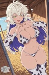 ai_generated ai_assisted breasts uncensored thick_thighs thighs thick_ass curvy curvy_female curvy_body moonwool_branch purufy_(moonwool) long_hair very_long_hair messy_hair sheep_girl sheep_ears animal_ears tail white_hair multicolored_hair multicolored_eyes green_eyes yellow_eyes slit_pupils colored_inner_hair blue_hair big_breasts huge_breasts large_breasts original original_character oc solo solo_focus solo_female female female_only female_focus seductive seductive_smile seductive_look seductive_pose seductive_mouth seductive_eyes bikini bikini_top bikini_bottom cow_print cow_girl cow_print_bikini cow_print_thighhighs thighhighs stockings pose smile smiling looking_at_viewer