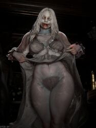 1girls 3d blood blood_on_face bush capcom dress_lift excessive_pubic_hair female female_only flashing_pussy fs3d_art grey_skin hairy_pussy horror monster_girl no_panties pubic_hair pussy resident_evil resident_evil_9:_requiem selena_corey solo solo_female thick_thighs undead white_hair wide_hips zombie zombie_girl