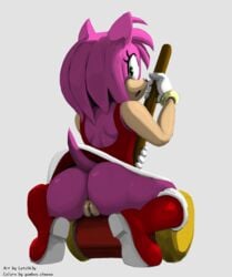 amy_rose anthro anus artist_name ass big_butt boots bubble_butt clothed clothing crouching dat_ass dress eulipotyphlan eyelashes female footwear fur furry furry_only genitals glistening glistening_body glistening_skin gloves grey_background hair hammer handwear hedgehog hi_res latchk3y looking_at_viewer looking_back looking_back_at_viewer mammal no_panties no_underwear open_mouth piko_piko_hammer pussy rear_view sega short_hair short_tail simple_background solo sonic_(series) sonic_the_hedgehog_(series) tail thick_thighs tiptoes tools video_games weapon