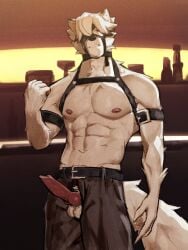 male male_only bara barazoku muscles muscular furry anthro zenless_zone_zero von_lycaon canine wolf white_fur tail penis balls solo_male dyyo2704 shirtless harness penis_out boner erection canine_penis knotted_penis