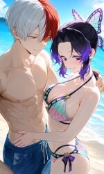 ai_generated beach bikini bikini_top black_and_purple_hair black_hair boku_no_hero_academia brown_hair butterfly_hair_ornament crossover demon_slayer happy kimetsu_no_yaiba kochou_shinobu multicolored_hair muscular_male my_hero_academia purple_eyes ready_for_sex red_and_white_hair sea seductive seductive_smile sexy sexy_bikini sexy_body sexy_female shouto_todoroki standing swelling swimming_trunks