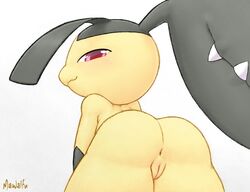 2021 anus ass bedroom_eyes black_body black_hair female feral genitals hair hair_mouth half-closed_eyes hi_res looking_at_viewer looking_back looking_back_at_viewer low-angle_view mawaifu mawile narrowed_eyes nintendo pokemon pokemon_(species) presenting presenting_anus presenting_hindquarters presenting_pussy purple_eyes pussy rear_view seductive signature simple_background smile solo standing teeth video_games white_background yellow_body