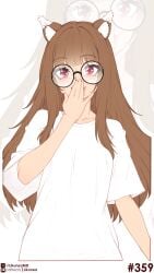 1girl absurdres after_fellatio animal_ear_fluff animal_ears bespectacled brown_hair collarbone commentary cum cum_in_mouth english_commentary glasses highres holo likunea long_hair looking_at_viewer patreon_logo patreon_username red_eyes round_eyewear shirt short_sleeves spice_and_wolf t-shirt twitter_username white_shirt wolf_ears wolf_girl zoom_layer