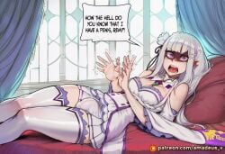 hair_flower cleavage long_hair pointy_ears window speech_bubble pillow futanari looking_at_viewer open_mouth intersex dress hair_ribbon hair braid x_hair_ornament ribbon on_bed thighhighs bare_shoulders patreon_username solo grey_hair medium_breasts clothing breasts hair_ornament bulge white_flower curtains 1girl flower animal_humanoid shaded_face dialogue elf gynomorph on_back legwear skirt artist_name text blunt_bangs indoors white_thighhighs english_text humanoid_pointy_ears thigh_highs clothed lying purple_eyes wide_sleeves ai_generated amadeus_v comic rem_(re:zero) emilia_(re:zero) re:zero_kara_hajimeru_isekai_seikatsu 1futa