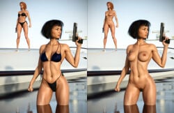 2girls 3d asian asian_female big_breasts bikini black_hair breasts completely_nude duo female female_only firearm first_porn_of_character gun handgun human janus3003 lorelei_ni nipples nonsexual nonsexual_nudity nude nude_female pale_skin pubic_hair pussy red_hair rise_of_the_triad thi_barrett weapon