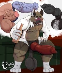 absurd_res aggretsuko alcohol alcohol_bottle animal_genitalia animal_penis anthro balls bar belly beverage beverage_bottle blush bodily_fluids bottle bottomless canine_genitalia chest_tuft clothed clothing container director_ton donisette drunk equine_genitalia equine_penis fantasizing genitals haida_(aggretsuko) hand_on_leg hand_on_thigh hi_res holding_beverage holding_object hyena male mammal overweight penis saggy_balls saliva sanrio sheath solo substance_intoxication tadano_(aggretsuko) thick_penis tuft vein veiny_balls veiny_penis