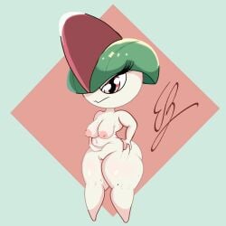 absurd_res anthro big_butt breasts butt eddiebrije eyelashes female generation_3_pokemon genitals green_hair hair hi_res nintendo not_furry nude pokemon pokemon_(species) ralts simple_background solo thick_thighs vulva wide_hips