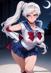 1girl 2026 ai_generated anime bangs blue_eyes blue_sailor_collar blue_skirt blush boobs bow breasts choker circlet cleavage collarbone cosplay covered_navel covered_nipples crescent_moon crossover earrings elbow_gloves exposed_nipples female female_focus flushed gloves hand_on_hip hand_on_own_chest handwear highres huge_breasts jewelry large_breasts leotard long_hair magical_girl moon night nipples nsfw patreon pleated_skirt red_bow red_choker rognezart rwby sailor_collar sailor_moon sailor_senshi_uniform see-through side_ponytail skirt smile smiling solo thick_thighs thighs tiara very_long_hair weiss_schnee white_gloves white_hair