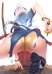 arm_support ass ass_focus belt blue_shirt blue_skirt boots bracelet braid brown_belt dust elisa_anker female french_braid from_behind ge_xi hair_ornament hairclip highres holding holding_sword holding_weapon jewelry levasol_defense_corps long_hair loose_belt miniskirt nail_polish one_knee panties pink_hair pink_nails police police_uniform shirt short_ponytail short_sleeves skirt sword thighs torn_boots torn_clothes underwear uniform weapon witches_in_7th_base yellow_panties