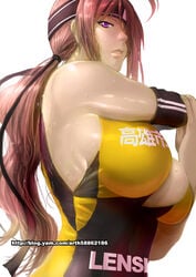 basketball basketball_uniform breasts detached_sleeves female ge_xi hair_over_one_eye hair_ribbon headband highres huge_breasts leotard lips long_hair low_ponytail nose original pink_hair purple_eyes ribbon shiny shiny_skin sideboob sideways_mouth single_sleeve solo sportswear stretch sweat watermark web_address