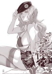 arm_support bare_shoulders bikini bikini_top breasts cecilia_campbell ge_xi greyscale hat head_tilt highres large_breasts levasol_defense_corps long_hair military_hat miniskirt monochrome parted_lips pleated_skirt sideboob skirt swimsuit thighhighs wavy_hair witches_in_7th_base