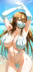 absurdres armpits arms_up bangs beach blue_sky blush breasts brown_eyes brown_hair cleavage collarbone commentary_request covered_mouth cowboy_shot day elbow_gloves eyebrows_visible_through_hair female ge_xi gloves hair_between_eyes highres large_breasts long_hair looking_at_viewer makeshift_swimsuit mask mask_bikini mask_on_breasts mask_on_crotch mask_panties mouth_mask ocean original outdoors sky slingshot_swimsuit solo stomach swimsuit very_long_hair water white_gloves