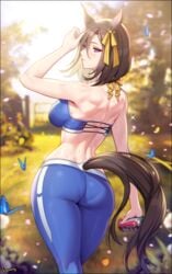 absurdres adjusting_hair air_groove_(umamusume) animal_ears arm_up artist_name ass back bangs bare_shoulders blue_butterfly blurry blurry_background blush bow breasts brown_hair bubble_butt bug butterfly can choney clothing cowboy_shot curvy day drink ear_ribbon facing_away female half-closed_eyes highres holding horse_ears horse_girl horse_tail huge_ass insects looking_at_viewer looking_back medium_breasts nature outdoors pants petals purple_eyes shiny shiny_clothes shiny_hair short_hair skin_tight skindentation smile soda_can solo sparkle sports_bra sweat tail thighs toned umamusume yoga_pants