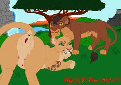 2021 dakari disney dj_kovu duo felid female feral fur genitals grass hi_res lion looking_at_viewer mammal mountain nipples pantherine plant pussy river rock safara shrub teasing the_lion_king tree waterfall whitewolfwing