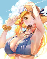 armpits bare_shoulders bikini blue_bikini blue_sky bracelet breasts brown_eyes cecilia_campbell cleavage cloud earrings flower food ge_xi hands_on_headwear hat hat_flower highres hoop_earrings jewelry large_breasts levasol_defense_corps long_hair looking_at_viewer melting_popsicle necklace one_eye_closed orange_hair scrunchie sky straw_hat sweat swimsuit swimwear underboob witches_in_7th_base wrist_scrunchie