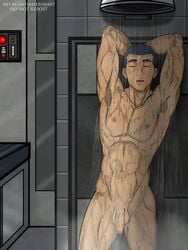 balls blue_hair closed_eyes do_not_repost ezra_bridger flaccid foreskin gayskeletonart male muscular muscular_male open_mouth pose short_hair shower solo star_wars star_wars_rebels uncut unretracted_foreskin veiny_penis wet