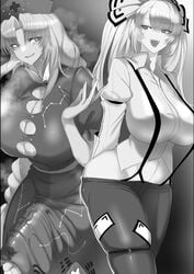 1futa 1girls big_breasts blacktan bow breasts bulge clothed clothing duo eirin_yagokoro erection_under_clothes female fujiwara_no_mokou fully_clothed futanari human light-skinned_female light_skin monochrome pale_skin penis precum precum_through_clothing skindentation standing steam suspenders sweat tenting touhou