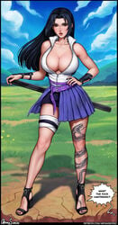 1girls aroma_sensei big_breasts black_eyes black_hair black_nails breasts busty cleavage feet female female_only female_pov full_body gender_transformation genderswap_(mtf) hand_on_hip high_heel_sandals high_heels holding_weapon leg_tattoo looking_at_viewer nail_polish naruko naruto naruto_(series) naruto_shippuden neck_tattoo no_underwear open_mouth open_toe_shoes outdoors pov rule_63 sasuke_uchiha sasuko sexy_no_jutsu shirt shorts skirt sleeveless sleeveless_shirt solo speech_bubble standing story sword talking tattoo text uzumaki_naruto