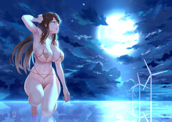 armpits bangs bare_shoulders bikini breasts brown_bikini brown_eyes brown_hair cloud commentary_request female full_moon ge_xi hand_to_head hip_focus large_breasts long_hair mid-autumn_festival moon moonlight navel night night_sky one_knee original original_character parted_lips qin_xiang_(ge_xi) revealing_clothes sideboob sky swimsuit thighs tsukimi underboob wind_turbine windmill