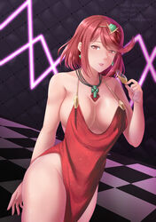 1girls 2021 bangs barely_clothed breasts champagne champagne_glass cleavage cleavage_dress dress earrings female female_focus female_only hair_ornament hi_res hips holding_object indoors jewelry large_breasts looking_at_viewer necklace nightclub nintendo no_underwear pyra red_dress red_eyes red_hair revealing_clothes rinku_bny short_hair slim_waist swept_bangs thick_thighs thighs tiara wide_hips xenoblade_(series) xenoblade_chronicles_2