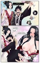 1boy 1girls 4boys big_breasts black_eyes black_hair blush boa_hancock comic comic_panel crying female happy hug huge_breasts kinjero long_hair male marriage monkey_d_luffy one_piece presenting_breasts scar short_hair topless topless_female wedding wholesome