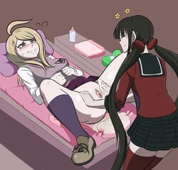 2girls ^_^ akamatsu_kaede black_hair blonde_hair blush breasts brown_hair clitoral_hood clitoris commission cute danganronpa danganronpa_v3 diaper diaper_change diaper_fetish emanata embarrassed female_only flying_sweatdrops hair_ornament harukawa_maki legs_together long_hair microskirt multiple_girls one_eye_closed open plaid_skirt pleated_skirt pubic_hair purple_socks pussy red-moda sailor_collar shoes simple_background skirt_around_belly smile spread_legs straight_hair sweat sweater_vest twintails uncensored video_games wipe yuri zettai_ryouiki