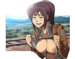 1girls areolae attack_on_titan blush breasts breasts_out brown_eyes brown_hair drooling drpizzaboi1 female female_only flashing half-closed_eyes jacket large_areolae large_breasts looking_at_viewer nipples on_model open_mouth open_shirt outside ponytail prostitution saliva sasha_braus solo style_emulation style_imitation style_parody stylized sweatdrop tied_hair