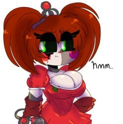 1girls adorable baby_(fnafsl) big_breasts cibuu cibuu_(artist) circus_baby circus_baby_(fnaf) cleavage clothing clown cute dialogue eyelashes female female_only five_nights_at_freddy's freddy_fazbear's_pizzeria_simulator green_eyes hand_behind_back looking_back red_hair scrap_baby scrap_baby_(fnaf) sweat twintails