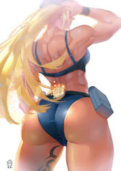 ass back blonde_hair breasts female from_behind ge_xi highres leg_tattoo long_hair medium_breasts muscular muscular_female original solo tattoo thick_thighs thighs witch