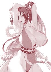 arm_guards armpits arms_behind_head breasts cameltoe collarbone contrapposto covered_erect_nipples cowboy_shot dress fatal_fury female ge_xi highres hip_focus huge_breasts king_of_fighters long_hair looking_at_viewer loose_clothes mai_shiranui monochrome naughty_face nipple_bulge obi open_mouth pelvic_curtain ponytail revealing_clothes rope sash shimenawa simple_background solo standing sweat tongue tongue_out very_long_hair white_background wind wind_lift