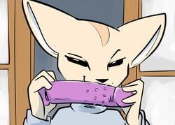 aggressive_retsuko anthro bust_portrait canid canine clothed clothing dildo female fennec fenneko fox front_view holding_dildo holding_object holding_sex_toy looking_at_viewer mammal naughty_face portrait purple_dildo sanrio sex_toy smooth_fur solo tan_body toxoglossa