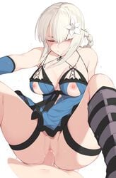 1boy 1girls ce-_-3 cum cum_in_pussy cum_inside female female_focus garter kaine_(nier) large_breasts male nier nier_(series) nier_replicant nippleless_clothes nipples no_bra nopan penis pepper0 pussy sex skirt_lift uncensored vaginal_penetration white_background white_hair