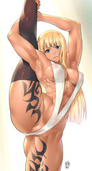 abs armpits ass blonde_hair blue_eyes breasts cameltoe character_request check_character check_copyright cleft_of_venus commentary_request copyright_request covered_erect_nipples cowboy_shot female ge_xi highres large_breasts long_hair looking_at_viewer muscular muscular_female one-piece_swimsuit parted_lips simple_background sling_bikini slingshot_swimsuit solo splits spread_legs standing standing_on_one_leg swimsuit tattoo teeth thigh_tattoo thighhighs vertical_splits white_background witch witches_in_7th_base