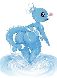 2021 anthro anthrofied ass bent_over big_butt blue_body brionne darky03 dripping fangs female full-length_portrait genitals hi_res looking_back mammal marine nintendo on_one_leg open_mouth open_smile pink_eyes pink_nose pinniped pokémon_(species) pokemon portrait pussy rear_view round_nose smile solo standing thick_thighs video_games water wet