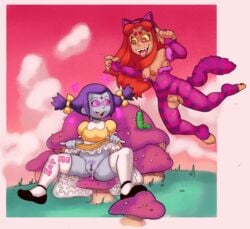 alice_in_wonderland alice_liddell_(cosplay) caterpillar cheshire_cat dc dc_comics dogmalord fangs grey_skin large_breasts long_gloves mary_janes mushroom orange_skin pink_sclera pubic_hair purple_hair rachel_roth raven_(dc) red_hair shaved_pussy smooth_skin socks starfire teen_titans the_caterpillar twintails yellow_sclera