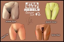 4girls arihnda_pryce dark-skinned_female dark_skin english_text female_focus female_only hips ketsu_onyo lj_pynn maketh_tua multiple_girls nude pubic_hair seventh_sister simple_background star_wars star_wars_rebels text watermark