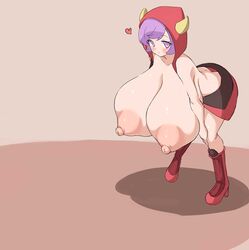 1girls alternate_breast_size areolae bangs bent_over big_breasts blush boots breast_expansion breasts collarbone courtney_(pokemon) erect_nipples eyebrows_visible_through_hair eyelashes fake_horns female female_only heart hood hoodie horns huge_breasts human human_only large_nipples looking_at_viewer nintendo nipples pokemon pokemon_oras pokemon_rse puffy_nipples purple_eyes purple_hair sabonbold short_hair solo solo_female standing tagme topless