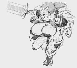 anthro armor balls big_balls big_breasts big_penis breasts dragon furry futanari genitals greatsword gynomorph huge_balls huge_breasts huge_cock huge_nipples intersex knight melee_weapon monochrome penis perenthis solo sword thick_thighs warrior weapon