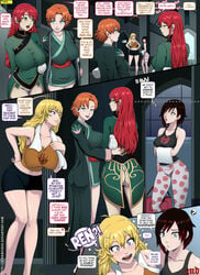 4girls blonde_hair comic dialogue end_page english_text female female_only fully_clothed multiple_girls nora_valkyrie orange_hair panties pyrrha_nikos red_hair ruby_rose rwby skin_tight stormfeder text yang_xiao_long