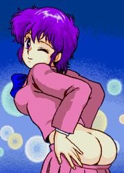 1girls 2021 ass cream_lemon female female_focus female_only hair human looking_at_viewer mahjong_lemon_angel mooning mostly_clothed pc_engine pixel_art presenting_hindquarters purple_eyes purple_hair saiwai_hiroshi short_hair short_purple_hair skirt skirt_down solo turbografx_16 undressing video_games wink