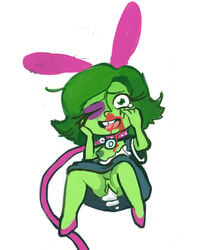 black_eye blood bloody_nose bruise bruised bunny_ears collar cum cum_in_pussy disgust_(inside_out) disney dogmalord dress eyelashes eyeshadow female green_hair green_skin heels inside_out leash medium_breasts nipples no_bra open_mouth pixar pussy solo tears tooth_gap torn_clothes torn_dress wink