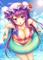 1girls beach big_breasts bikini female floaties flower flower_on_hat hat large_breasts micro_bikini mob_cap moon ocean patchouli_knowledge purple_eyes purple_hair snowcanvas solo string_bikini touhou