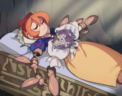 1girls bouquet captain_kirb closed_eyes closed_mouth cosplay cyborg dress fairy_tale flower_bouquet flowers hair_bow molestation orange_hair peacock_(skullgirls) png princess princess_dress rape red_bow skullgirls sleep_molestation sleeping snow_white_(cosplay) sunlight