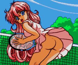 1girls 2021 ass blue_eyes bottomless bottomless_skirt bubble_butt butt_crack female female_focus female_only hair human long_hair looking_at_viewer megami_paradise no_panties open_mouth outdoors pc_engine pink_hair pixel_art saiwai_hiroshi sky sports tennis tennis_court tennis_racket tennis_uniform turbografx_16 upskirt video_games