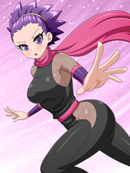 1girls breasts eyelashes female female_focus female_only fishnets game_freak gym_leader highres human janine_(pokemon) japanese_clothes looking_at_viewer ninja nintendo pokemon pokemon_gsc pokemon_hgss purple_eyes purple_hair scarf short_hair solo solo_female yensh