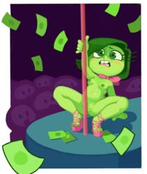 blush disgust_(inside_out) disney dogmalord dollar_bills embarrassed embarrassed_female embarrassed_nude_female eyelashes green_eyes green_hair green_skin heels inside_out medium_breasts money naked_with_shoes_on nipples open_mouth pixar pole pole_dancing scarf shoes_only stripper stripper_pole stripping sweatdrop