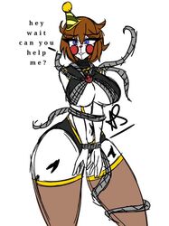 animatronic big_breasts black_bra black_panties blue_eyes brown_hair clothed damaged ennard_(fnafsl) five_nights_at_freddy's five_nights_at_freddy's:_sister_location five_nights_in_anime huge_ass party_hat robot scottgames short_hair sister_location solo tangled_up text thick_thighs white_skin wires xfluffysenseix