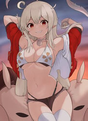 1girls :d aged_up armpits belly belly_button bikini bikini_top biting_lip blonde_hair breasts cleavage female female_only genshin_impact klee_(genshin_impact) looking_at_viewer medium_breasts micro_shorts pointy_ears red_eyes shorts skindentation skyhood smile solo thong underboob