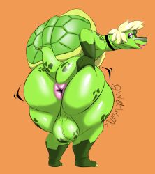 anthro anus ass balls big_balls big_butt blonde_hair choker genitals girly hair hi_res hole_(anatomy) huge_butt jewelry looking_back makeup male necklace rear_view reptile scalie shell solo spread_butt spreading terrence_(wetwaffls) thick_thighs tortoise turtle wetwaffls